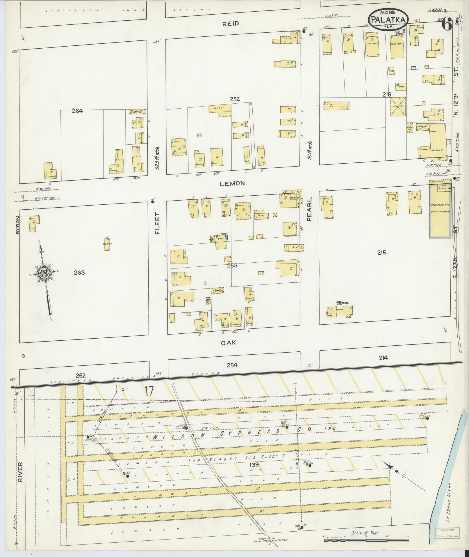 Sanborn Fire Insurance Map from Palatka, Putnam County, Florida (1915), Sheet #0006 - Complete Map Set gallery image, historic Sanborn map, vintage wall art, Florida Florida