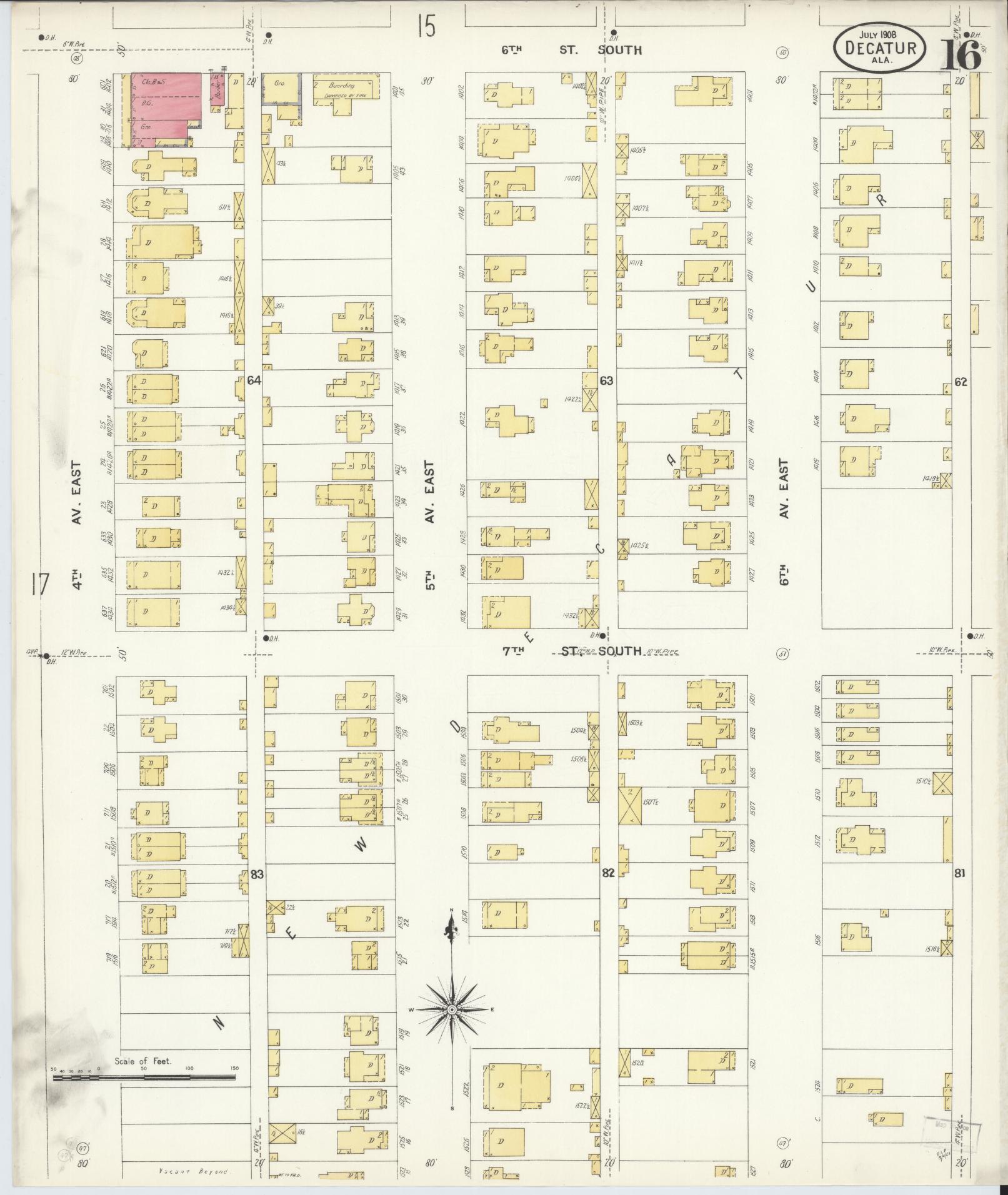 Sanborn Fire Insurance Map from Decatur, Morgan County, Alabama (1908), Sheet #0016 - Historic Sanborn Fire Insurance Map Print, vintage old map wall art, antique decor, genealogy gift, Alabama Alabama map