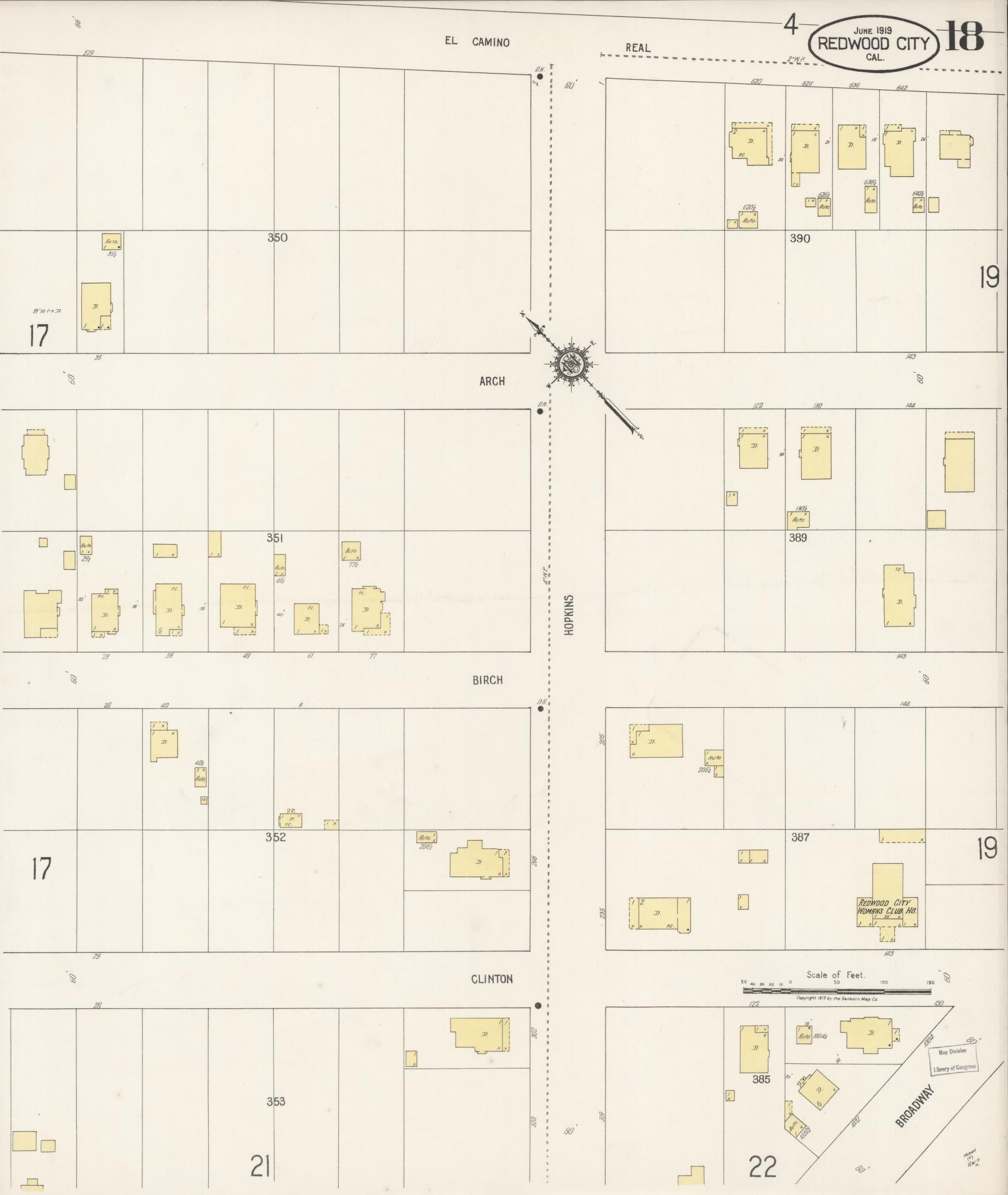 Sanborn Fire Insurance Map from Redwood City, San Mateo County, California (1919), Sheet #0018 - Complete Map Set gallery image, historic Sanborn map, vintage wall art, California California