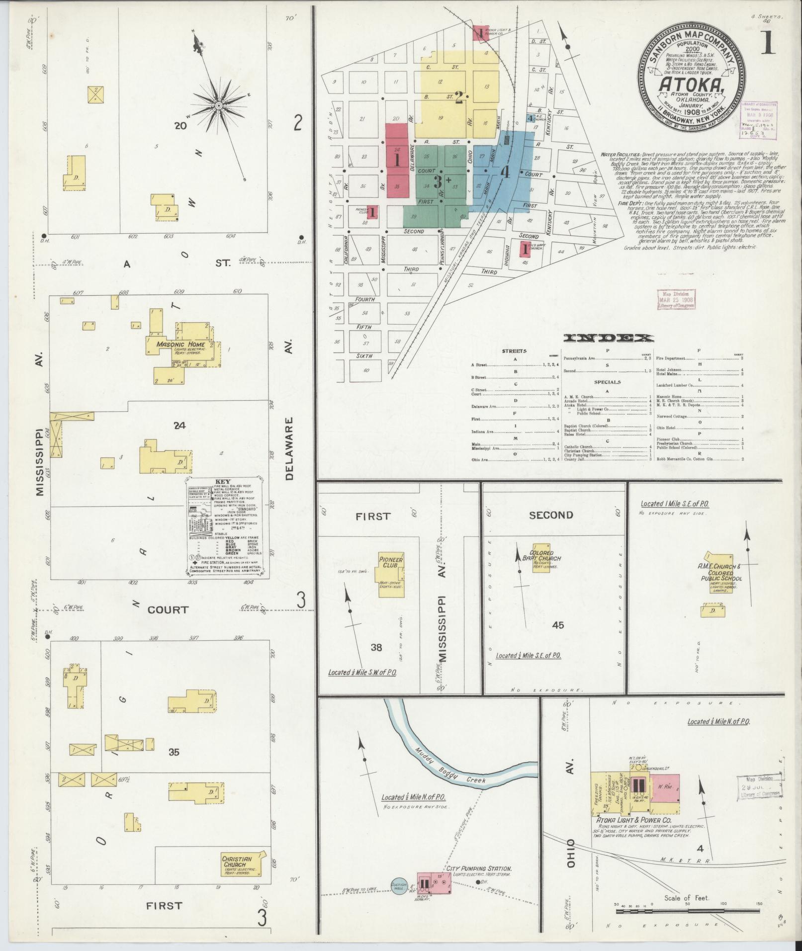Sanborn Fire Insurance Map from Atoka, Atoka County, Oklahoma (1908), Sheet #0001 - Complete Map Set gallery image, historic Sanborn map, vintage wall art, Oklahoma Oklahoma