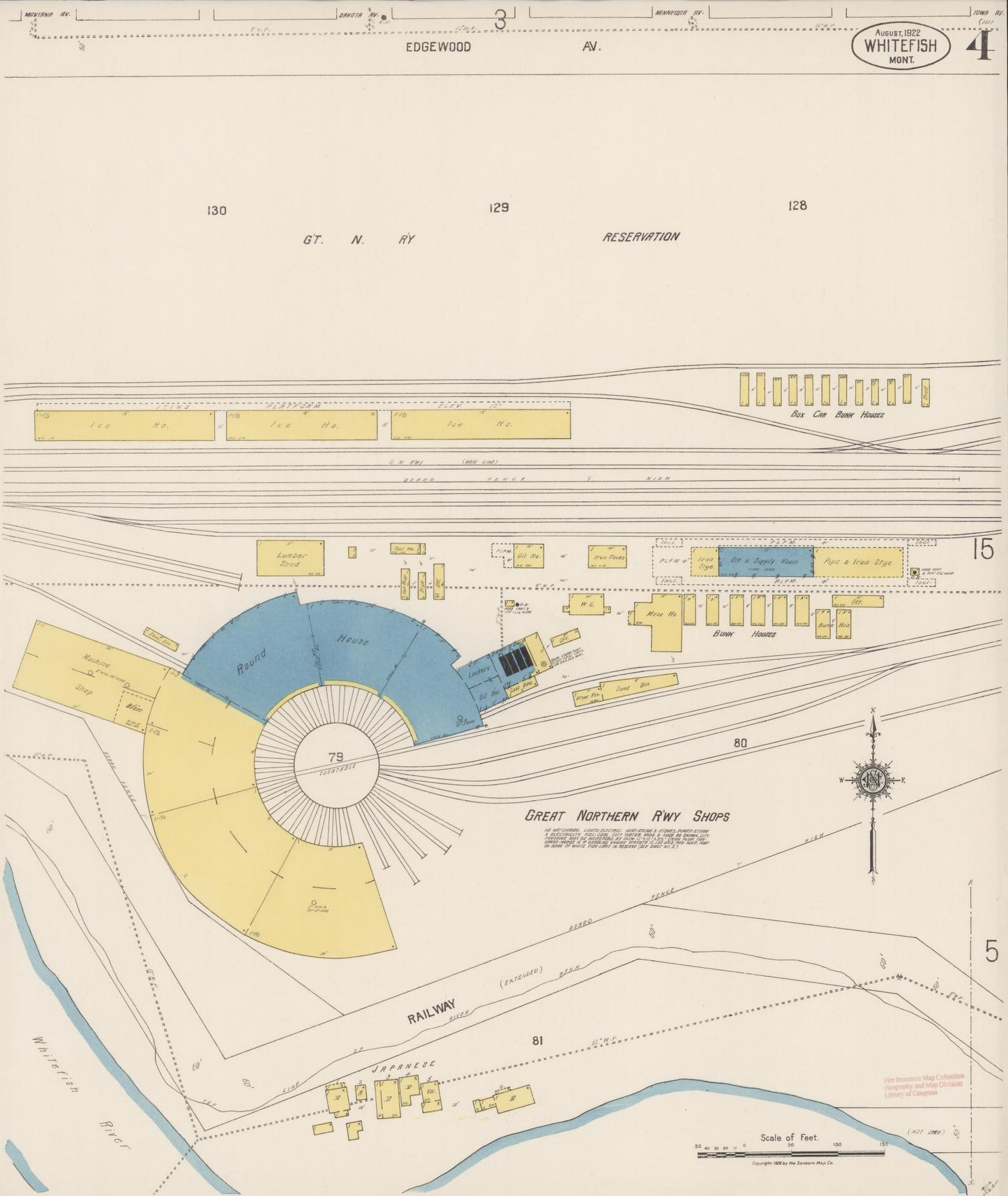 Sanborn Fire Insurance Map from Whitefish, Flathead County, Montana (1922), Sheet #0004 - Complete Map Set gallery image, historic Sanborn map, vintage wall art, Montana Montana