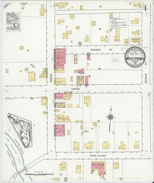 Sanborn Fire Insurance Map from White Springs, Hamilton County, Florida (1920), Sheet #0001 - Historic Sanborn Fire Insurance Map Print, vintage old map wall art, antique decor, genealogy gift, Florida Florida map