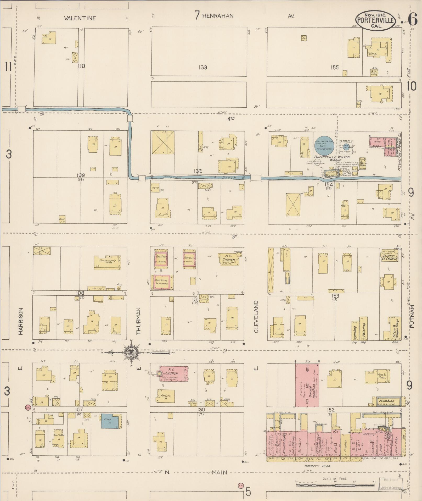 Sanborn Fire Insurance Map from Porterville, Tulare County, California (1912), Sheet #0006 - Complete Map Set gallery image, historic Sanborn map, vintage wall art, California California