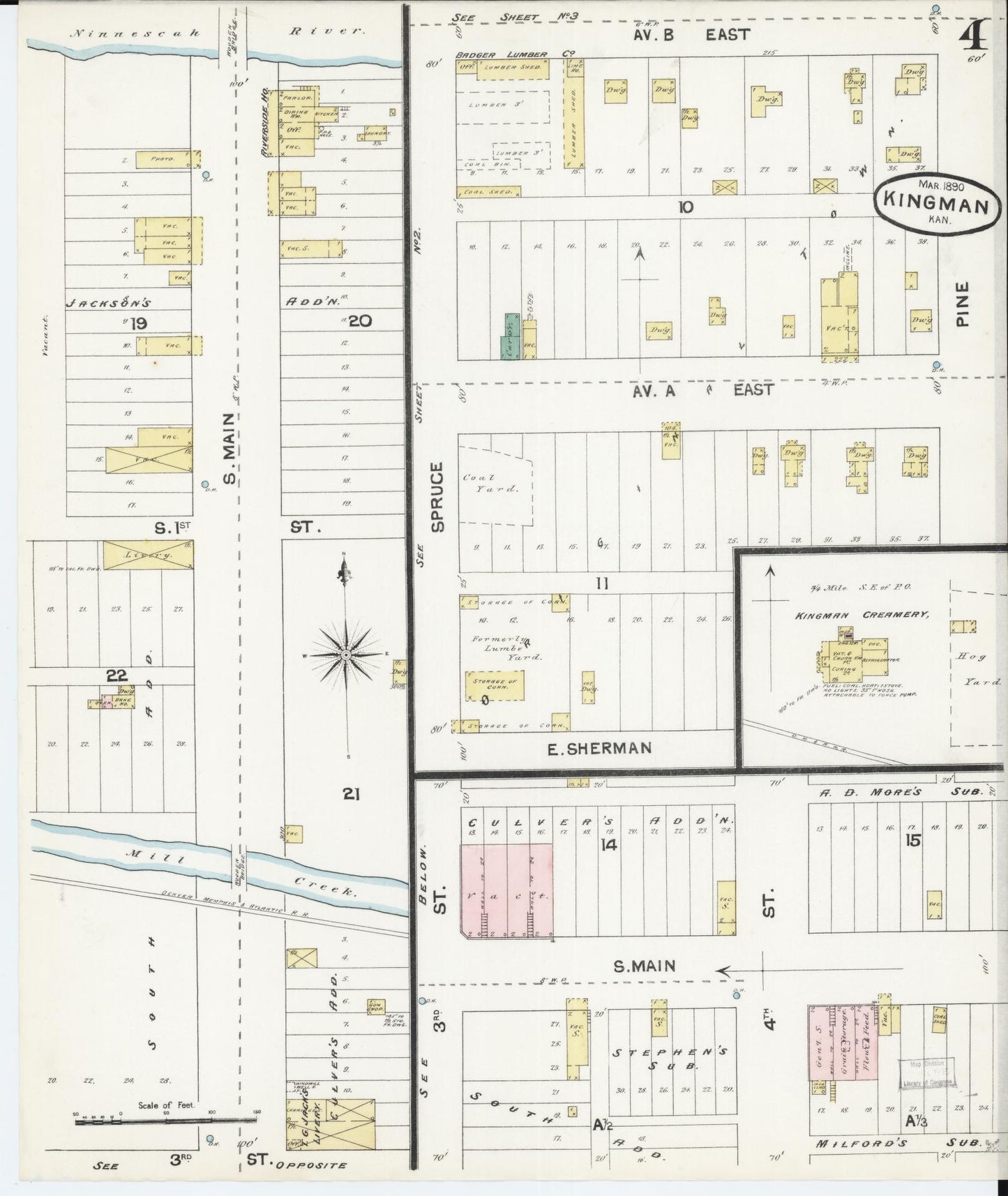 Sanborn Fire Insurance Map from Kingman, Kingman County, Kansas (1890), Sheet #0004 - Complete Map Set gallery image, historic Sanborn map, vintage wall art, Kansas Kansas