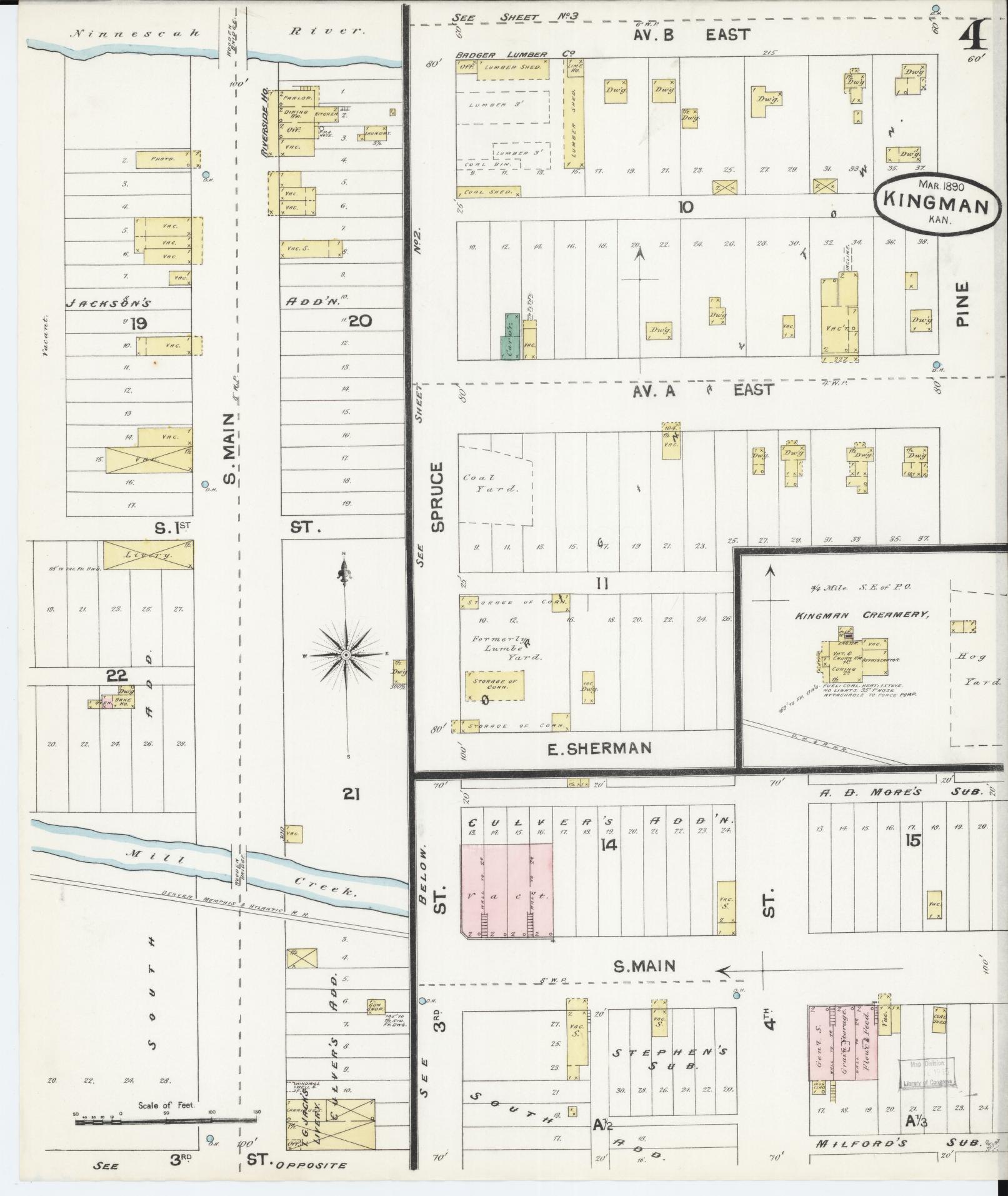 Sanborn Fire Insurance Map from Kingman, Kingman County, Kansas (1890), Sheet #0004 - Complete Map Set gallery image, historic Sanborn map, vintage wall art, Kansas Kansas