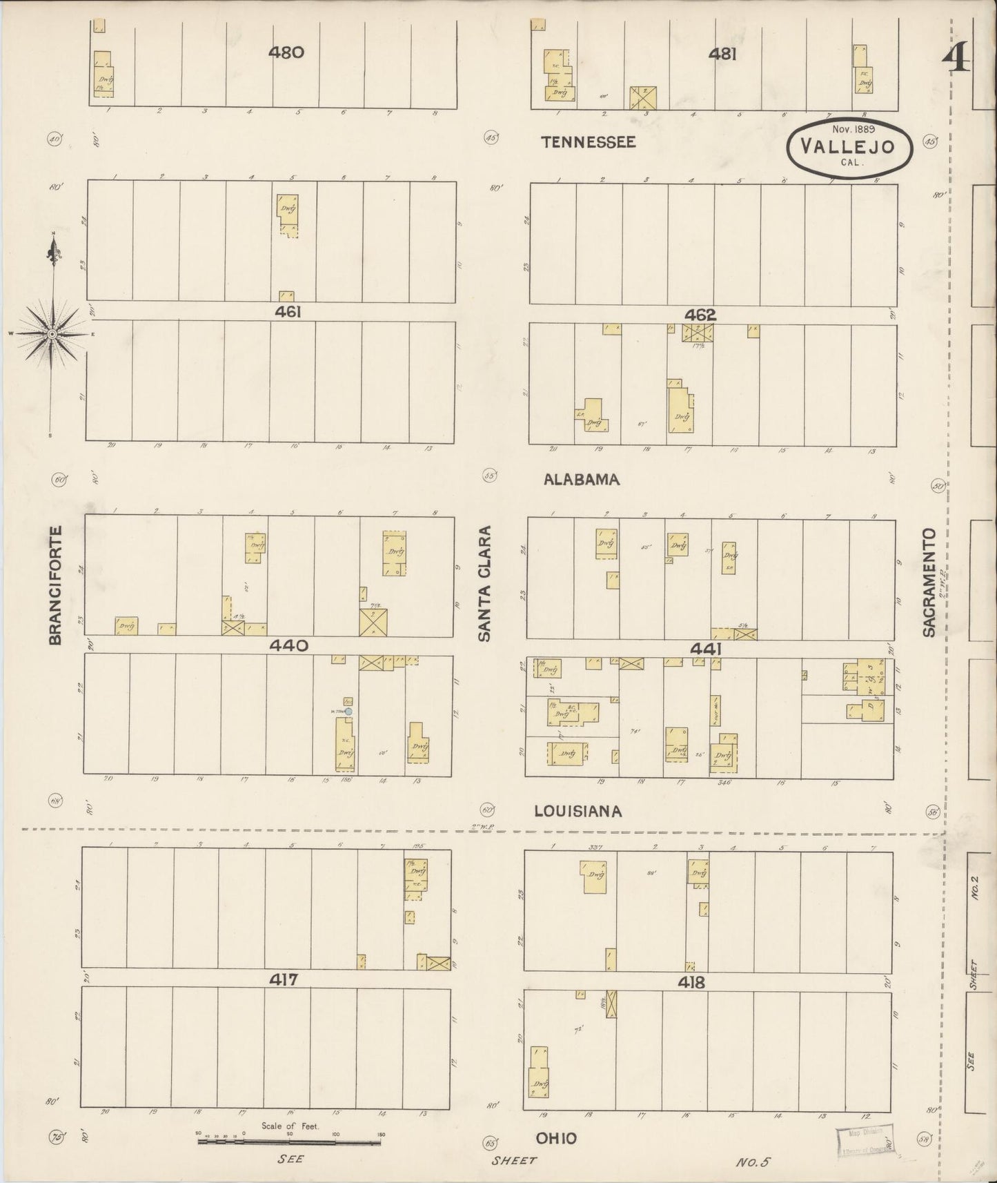 Sanborn Fire Insurance Map from Vallejo, Solano County, California (1889), Sheet #0004 - Complete Map Set gallery image, historic Sanborn map, vintage wall art, California California