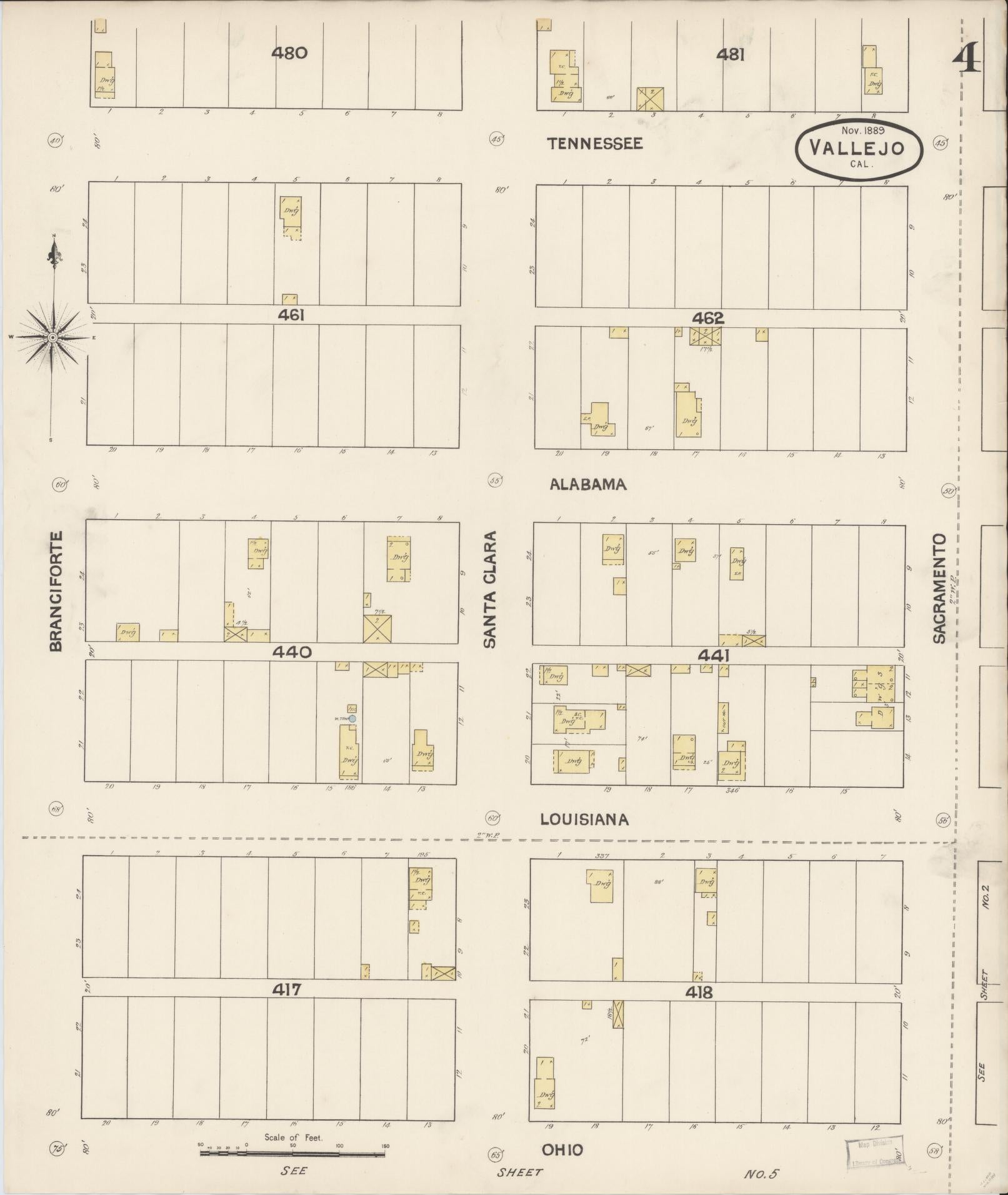 Sanborn Fire Insurance Map from Vallejo, Solano County, California (1889), Sheet #0004 - Complete Map Set gallery image, historic Sanborn map, vintage wall art, California California
