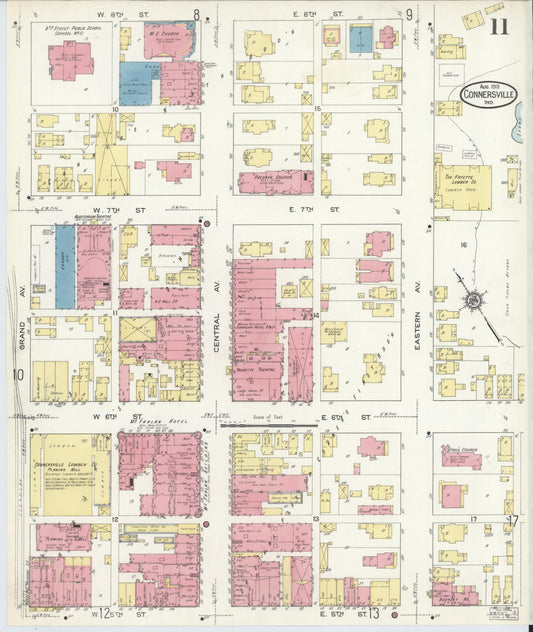 Sanborn Fire Insurance Map from Connersville, Fayette County, Indiana (1913), Sheet #0011 - Historic Sanborn Fire Insurance Map Print, vintage old map wall art, antique decor, genealogy gift, Indiana Indiana map