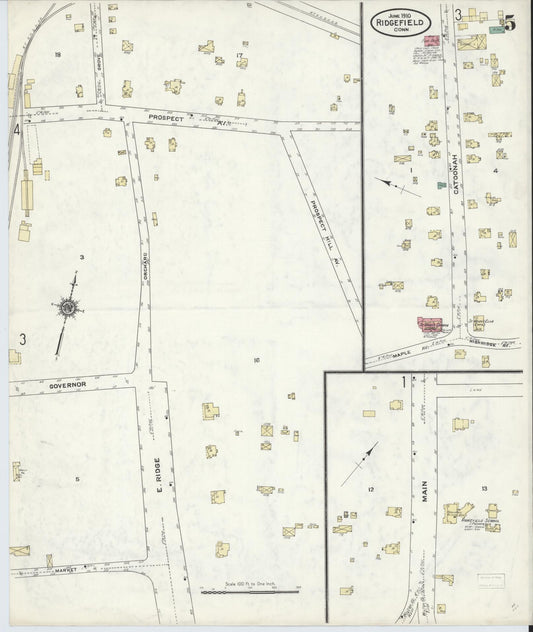 Sanborn Fire Insurance Map from Ridgefield, Fairfield County, Connecticut (1910), Sheet #0005 - Historic Sanborn Fire Insurance Map Print, vintage old map wall art, antique decor, genealogy gift, Connecticut Connecticut map