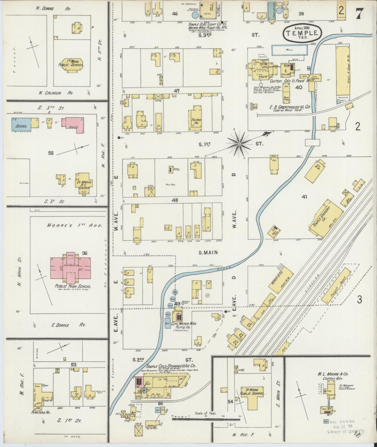 Sanborn Fire Insurance Map from Temple, Bell County, Texas (1896), Sheet #0007 - Historic Sanborn Fire Insurance Map Print, vintage old map wall art, antique decor, genealogy gift, Texas Texas map