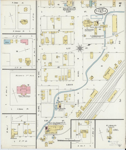 Sanborn Fire Insurance Map from Temple, Bell County, Texas (1896), Sheet #0007 - Historic Sanborn Fire Insurance Map Print, vintage old map wall art, antique decor, genealogy gift, Texas Texas map