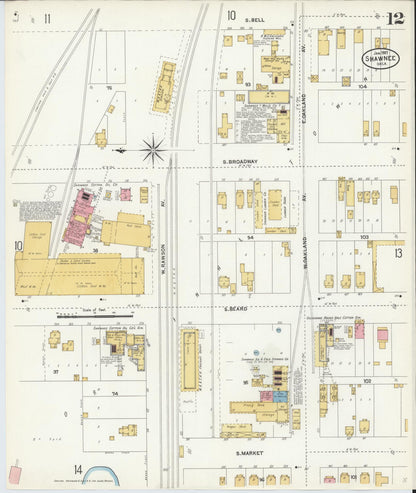 Sanborn Fire Insurance Map from Shawnee, Pottawatomie County, Oklahoma (1907), Sheet #0012 - Complete Map Set gallery image, historic Sanborn map, vintage wall art, Oklahoma Oklahoma