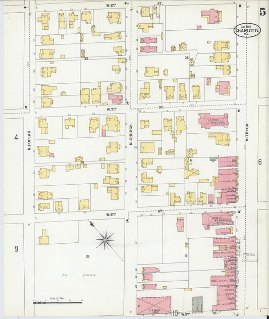Sanborn Fire Insurance Map from Charlotte, Mecklenburg County, North Carolina (1900), Sheet #0005 - Historic Sanborn Fire Insurance Map Print, vintage old map wall art, antique decor, genealogy gift, North Carolina North Carolina map