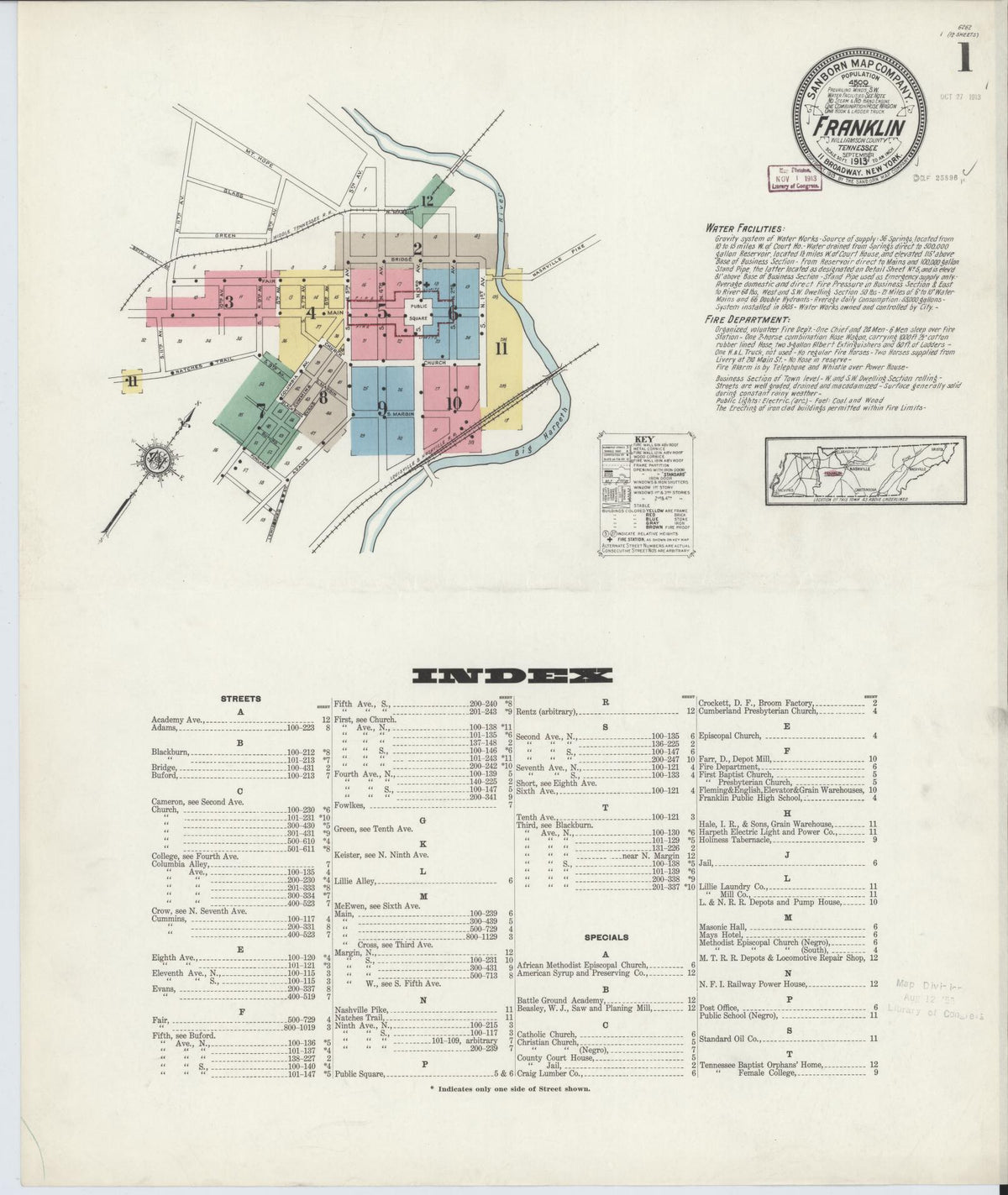 Sanborn Fire Insurance Map from Franklin, Williamson County, Tennessee (1913), Sheet #0001 - Historic Sanborn Fire Insurance Map Print, vintage old map wall art, antique decor, genealogy gift, Tennessee Tennessee map