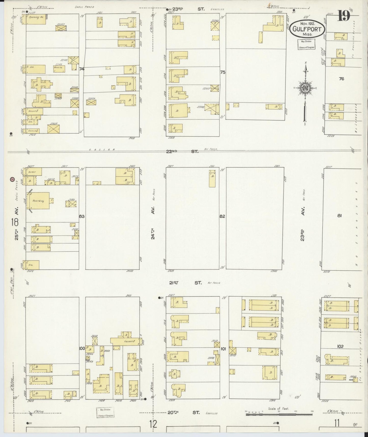 Sanborn Fire Insurance Map from Gulfport, Harrison County, Mississippi (1912), Sheet #0019 - Complete Map Set gallery image, historic Sanborn map, vintage wall art, Mississippi Mississippi