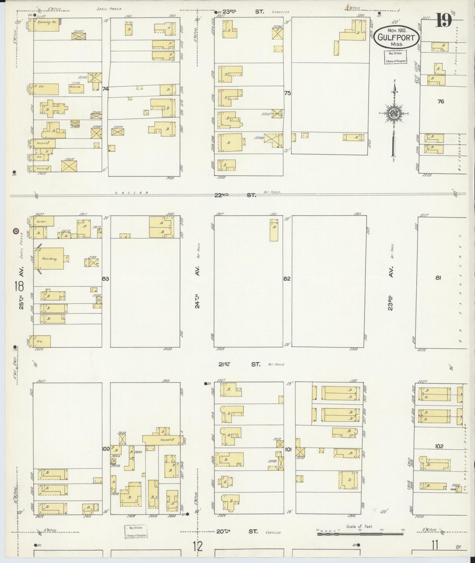 Sanborn Fire Insurance Map from Gulfport, Harrison County, Mississippi (1912), Sheet #0019 - Complete Map Set gallery image, historic Sanborn map, vintage wall art, Mississippi Mississippi