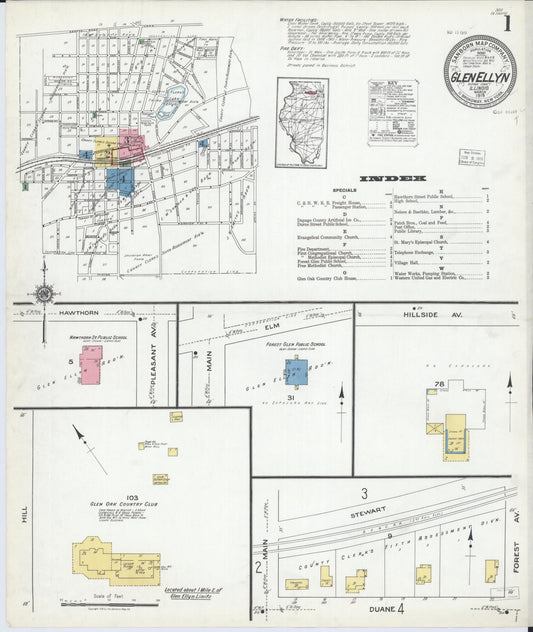 Sanborn Fire Insurance Map from Glen Ellyn, Du Page County, Illinois (1919), Sheet #0001 - Historic Sanborn Fire Insurance Map Print, vintage old map wall art, antique decor, genealogy gift, Illinois Illinois map