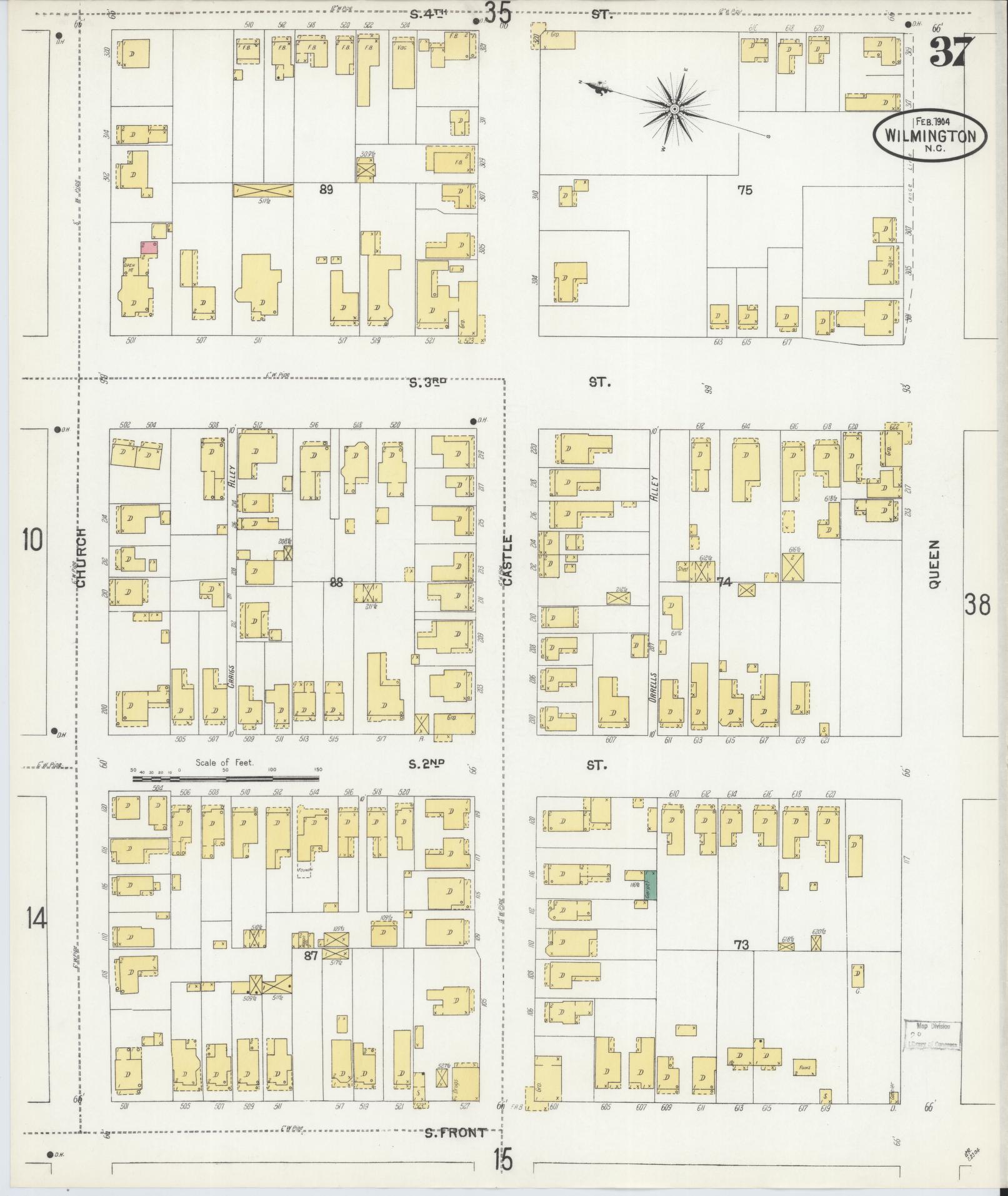 Sanborn Fire Insurance Map from Wilmington, New Hanover County, North Carolina (1904), Sheet #0037 - Historic Sanborn Fire Insurance Map Print, vintage old map wall art, antique decor, genealogy gift, North Carolina North Carolina map