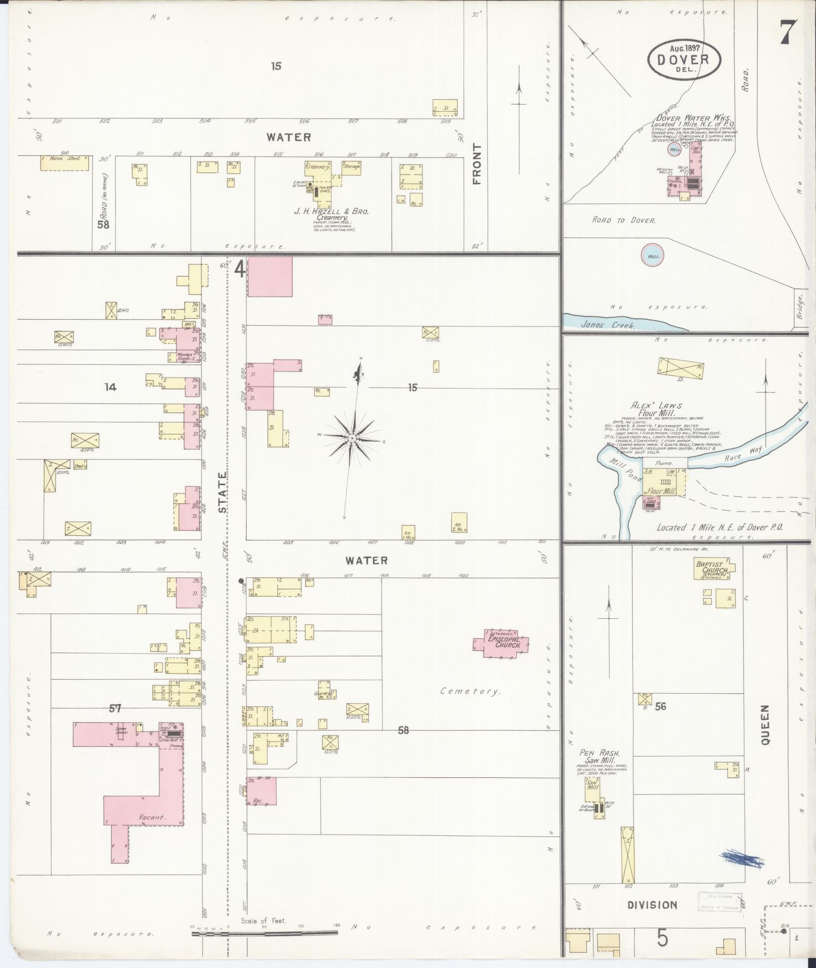 Sanborn Fire Insurance Map from Dover, Kent County, Delaware (1897), Sheet #0007 - Historic Sanborn Fire Insurance Map Print, vintage old map wall art, antique decor, genealogy gift, Delaware Delaware map