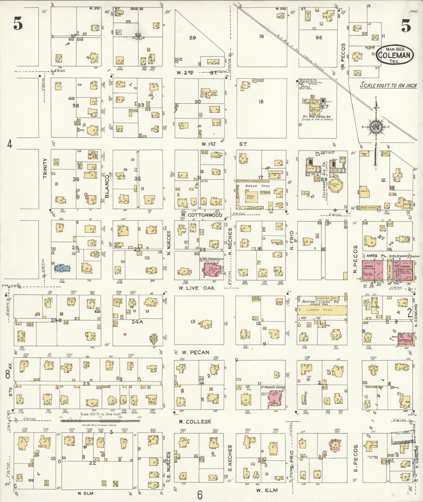 Sanborn Fire Insurance Map from Coleman, Coleman County, Texas (1923), Sheet #0005 - Historic Sanborn Fire Insurance Map Print, vintage old map wall art, antique decor, genealogy gift, Texas Texas map