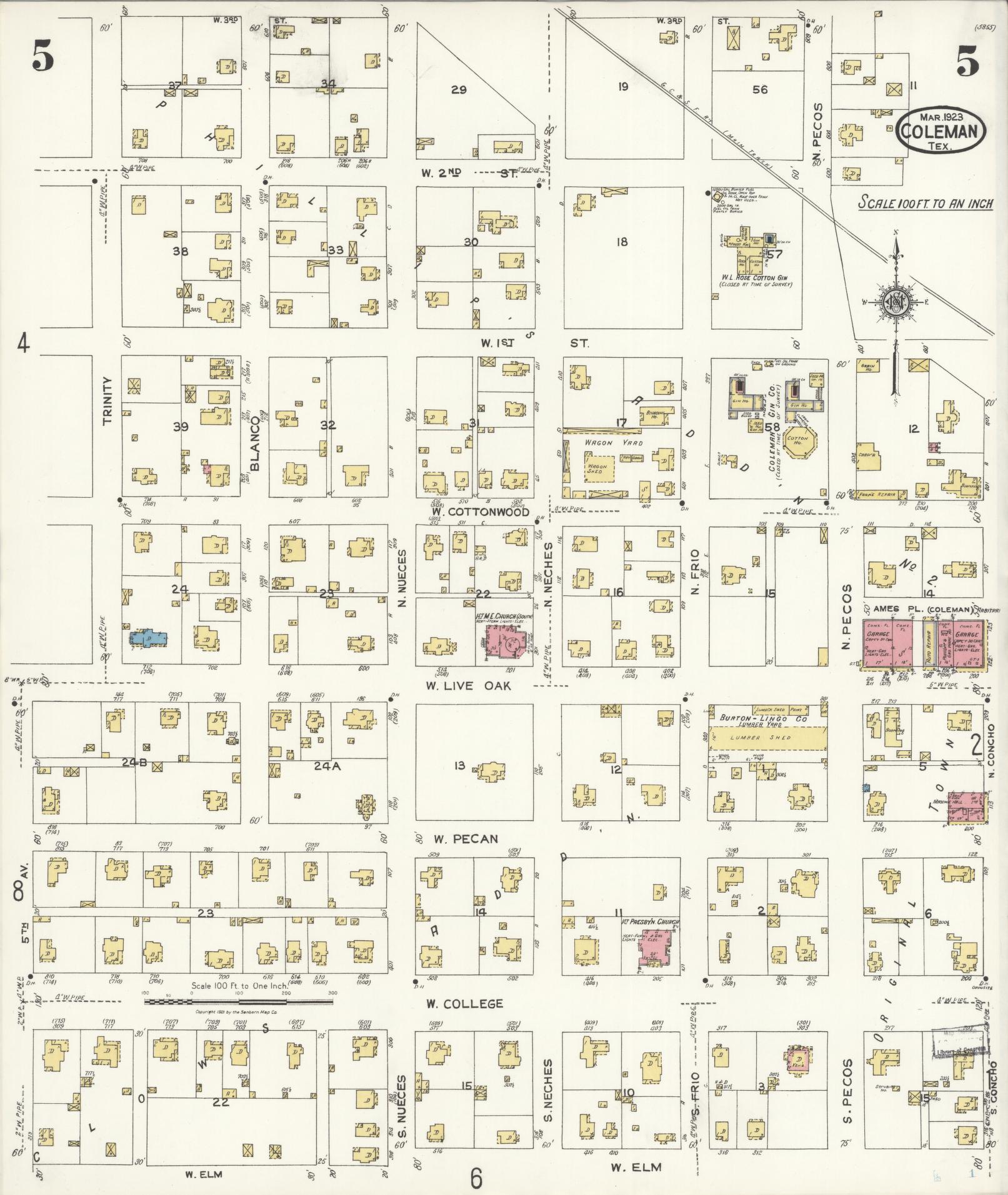Sanborn Fire Insurance Map from Coleman, Coleman County, Texas (1923), Sheet #0005 - Historic Sanborn Fire Insurance Map Print, vintage old map wall art, antique decor, genealogy gift, Texas Texas map