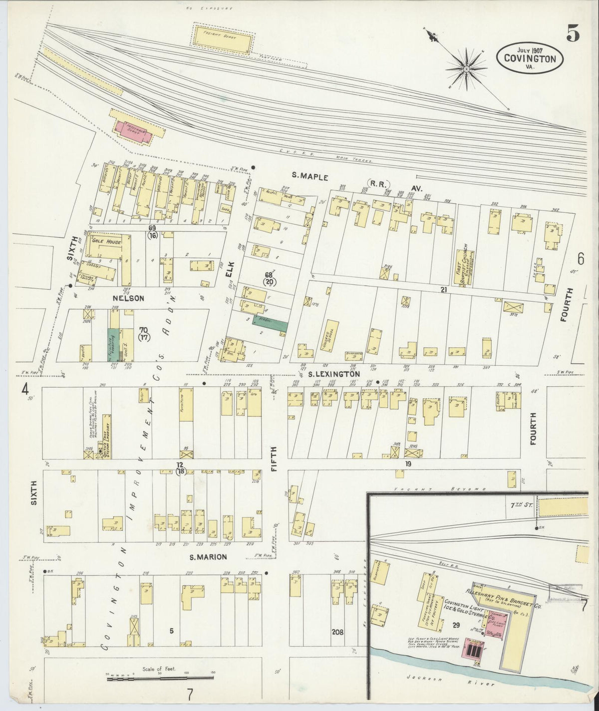 Sanborn Fire Insurance Map from Covington, Independent Cities, Virginia (1907), Sheet #0005 - Complete Map Set gallery image, historic Sanborn map, vintage wall art, Virginia Virginia