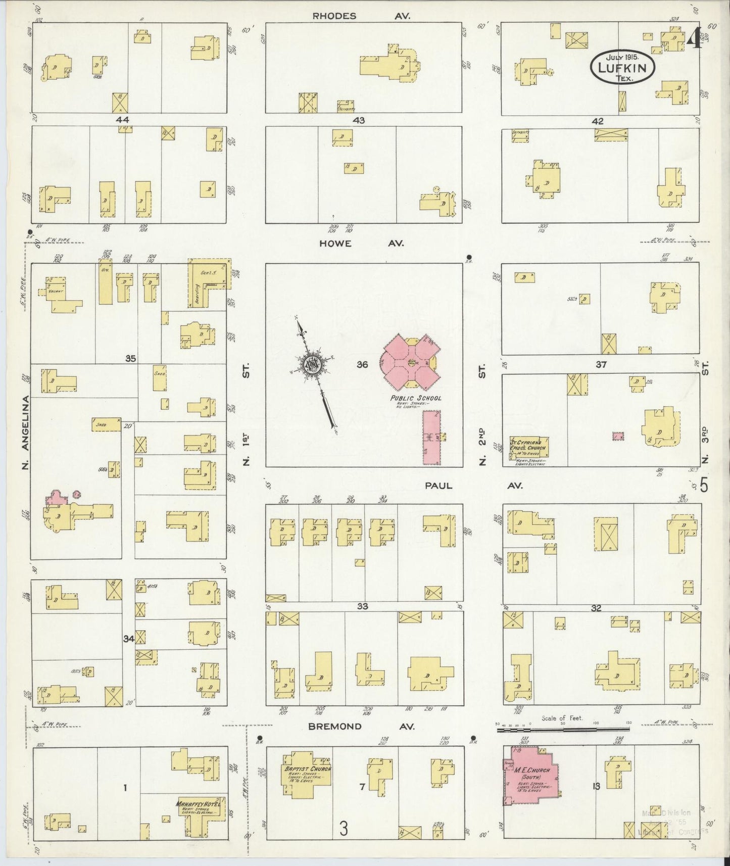 Sanborn Fire Insurance Map from Lufkin, Angelina County, Texas (1915), Sheet #0004 - Historic Sanborn Fire Insurance Map Print, vintage old map wall art, antique decor, genealogy gift, Texas Texas map
