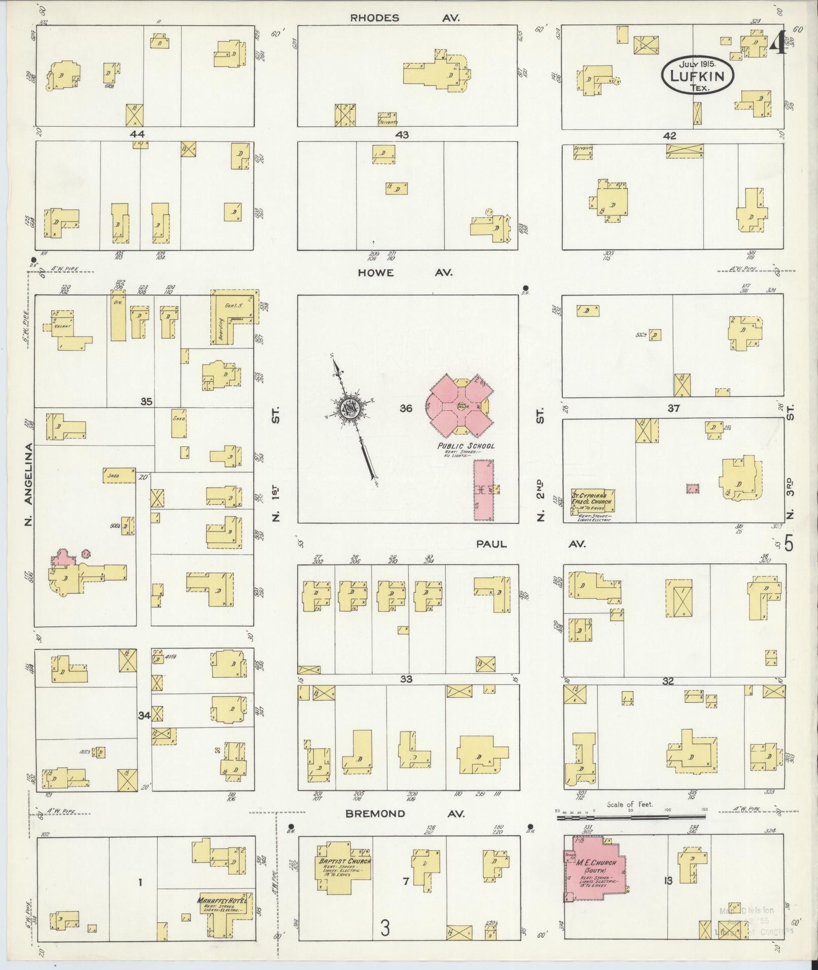 Sanborn Fire Insurance Map from Lufkin, Angelina County, Texas (1915), Sheet #0004 - Historic Sanborn Fire Insurance Map Print, vintage old map wall art, antique decor, genealogy gift, Texas Texas map