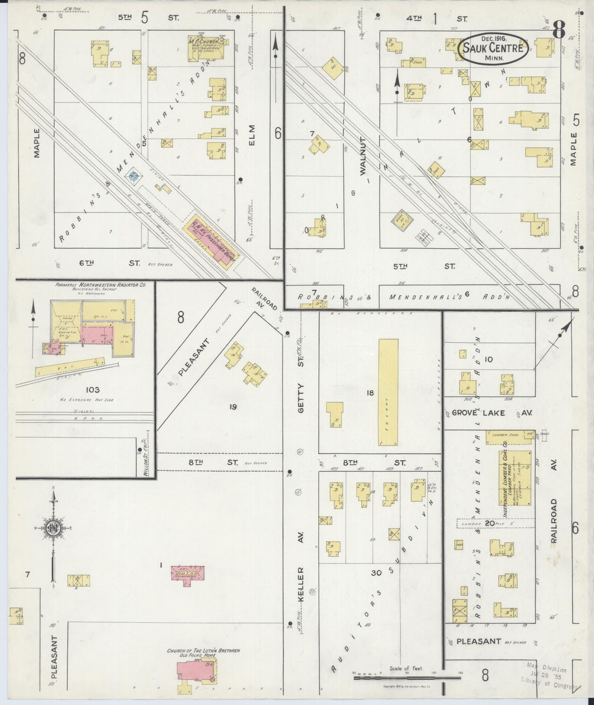 Sanborn Fire Insurance Map from Sauk Centre, Stearns County, Minnesota (1916), Sheet #0008 - Historic Sanborn Fire Insurance Map Print, vintage old map wall art, antique decor, genealogy gift, Minnesota Minnesota map