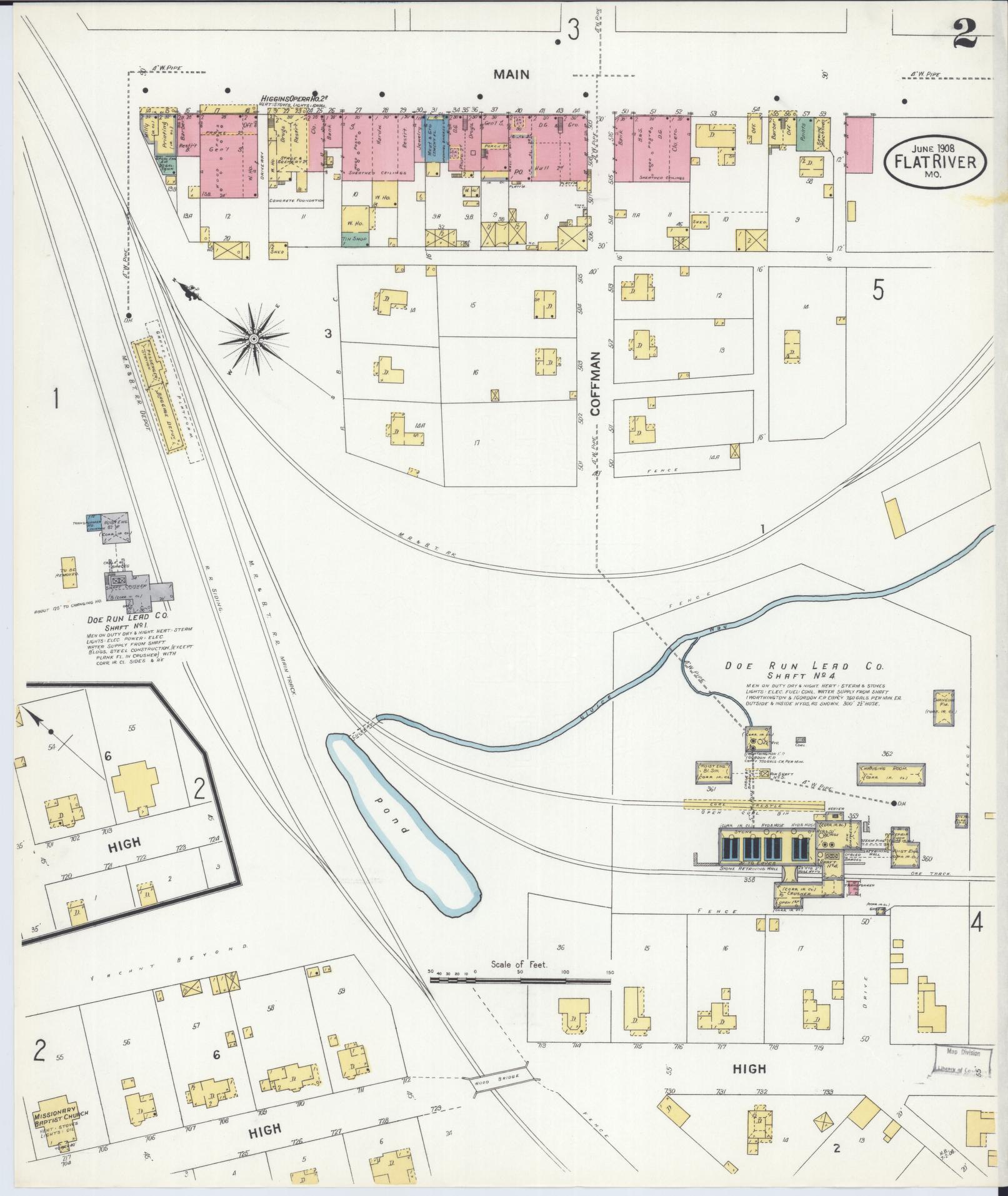 Sanborn Fire Insurance Map from Flat River, Saint Francois County, Missouri (1908), Sheet #0002 - Historic Sanborn Fire Insurance Map Print, vintage old map wall art, antique decor, genealogy gift, Missouri Missouri map