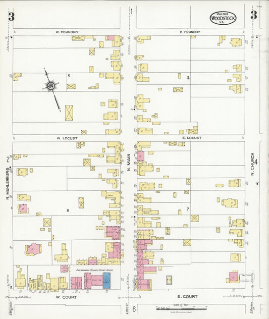 Sanborn Fire Insurance Map from Woodstock, Shenandoah County, Virginia (1924), Sheet #0003 - Historic Sanborn Fire Insurance Map Print, vintage old map wall art, antique decor, genealogy gift, Virginia Virginia map
