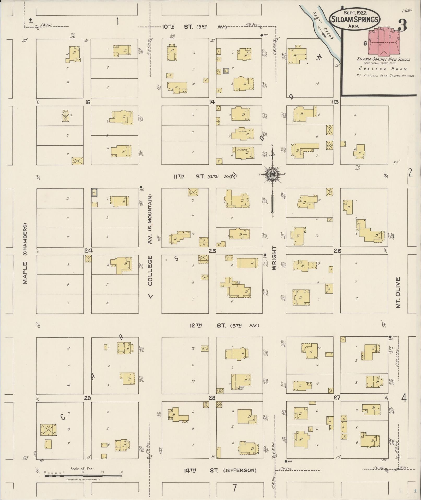 Sanborn Fire Insurance Map from Siloam Springs, Benton County, Arkansas (1922), Sheet #0003 - Historic Sanborn Fire Insurance Map Print, vintage old map wall art, antique decor, genealogy gift, Arkansas Arkansas map