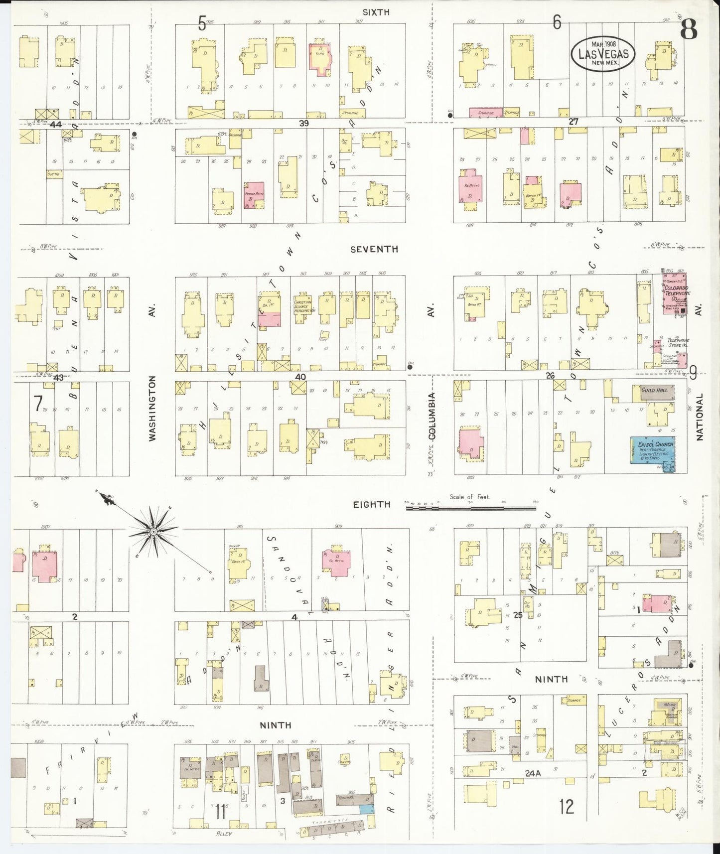 Sanborn Fire Insurance Map from Las Vegas, San Miguel County, New Mexico (1908), Sheet #0008 - Complete Map Set gallery image, historic Sanborn map, vintage wall art, New Mexico New Mexico