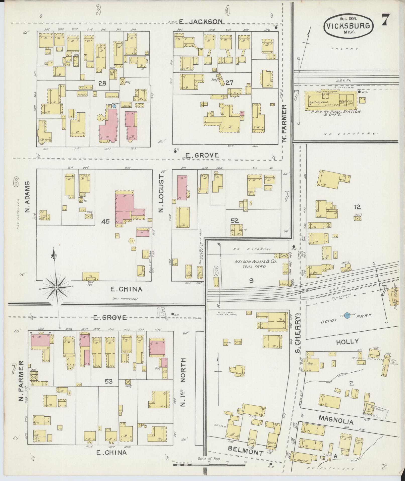 Sanborn Fire Insurance Map from Vicksburg, Warren County, Mississippi (1892), Sheet #0007 - Historic Sanborn Fire Insurance Map Print, vintage old map wall art, antique decor, genealogy gift, Mississippi Mississippi map