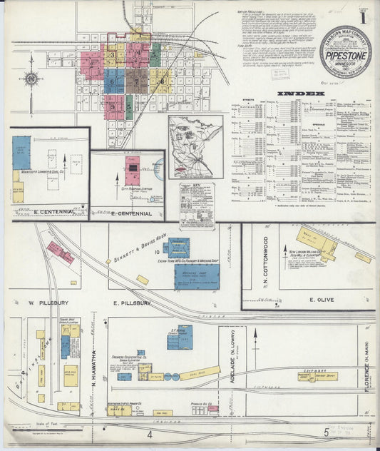 Sanborn Fire Insurance Map from Pipestone, Pipestone County, Minnesota (1921), Sheet #0001 - Historic Sanborn Fire Insurance Map Print, vintage old map wall art, antique decor, genealogy gift, Minnesota Minnesota map