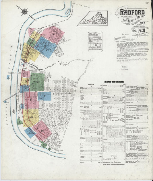 Sanborn Fire Insurance Map from Radford, Independent Cities, Virginia (1920), Sheet #0001 - Complete Map Set gallery image, historic Sanborn map, vintage wall art, Virginia Virginia