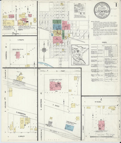 Sanborn Fire Insurance Map from Litchfield, Meeker County, Minnesota (1913), Sheet #0001 - Historic Sanborn Fire Insurance Map Print, vintage old map wall art, antique decor, genealogy gift, Minnesota Minnesota map