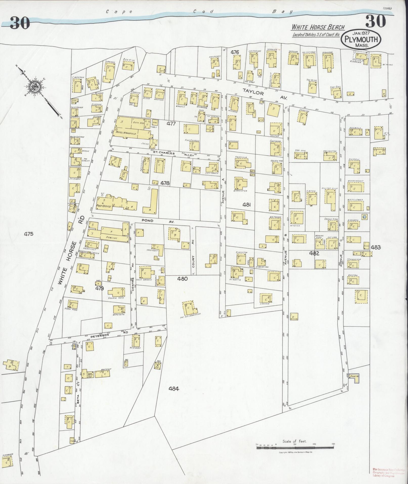 Sanborn Fire Insurance Map from Plymouth, Plymouth County, Massachusetts (1927), Sheet #0030 - Complete Map Set gallery image, historic Sanborn map, vintage wall art, Massachusetts Massachusetts