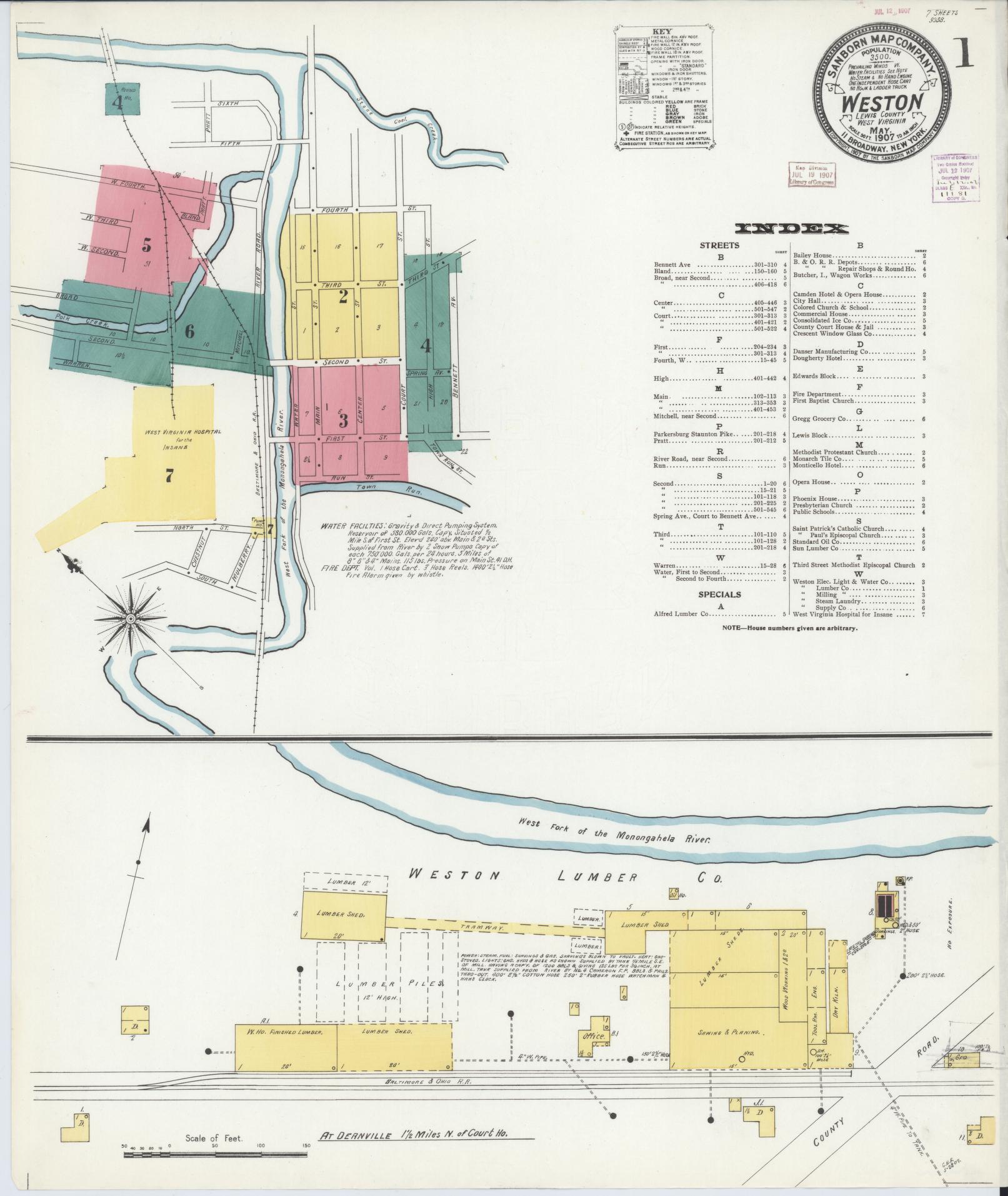 Sanborn Fire Insurance Map from Weston, Lewis County, West Virginia (1907), Sheet #0001 - Historic Sanborn Fire Insurance Map Print, vintage old map wall art, antique decor, genealogy gift, West Virginia West Virginia map