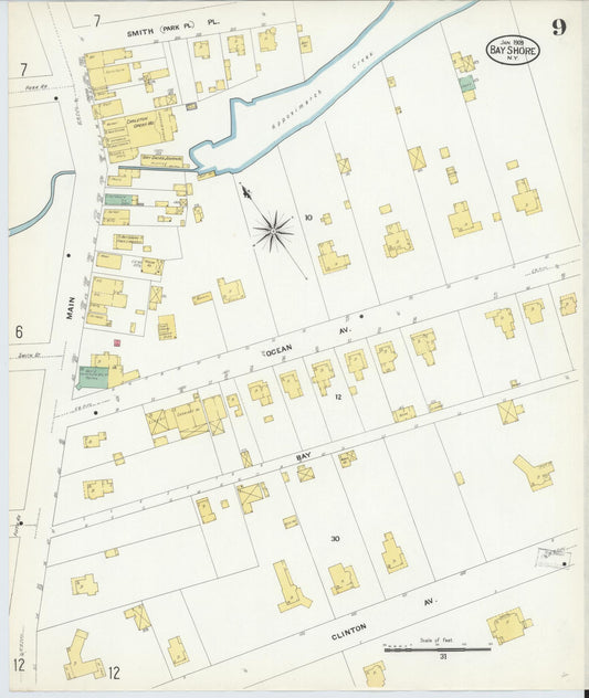 Sanborn Fire Insurance Map from Bay Shore, Suffolk County, New York (1909), Sheet #0009 - Historic Sanborn Fire Insurance Map Print, vintage old map wall art, antique decor, genealogy gift, New York New York map