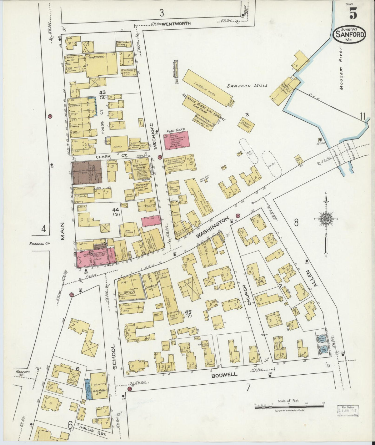 Sanborn Fire Insurance Map from Sanford, York County, Maine (1921), Sheet #0005 - Complete Map Set gallery image, historic Sanborn map, vintage wall art, Maine Maine