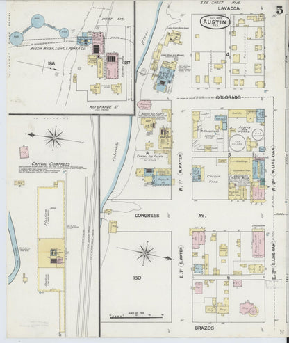 Sanborn Fire Insurance Map from Austin, Travis County, Texas (1889), Sheet #0005 - Historic Sanborn Fire Insurance Map Print, vintage old map wall art, antique decor, genealogy gift, Texas Texas map