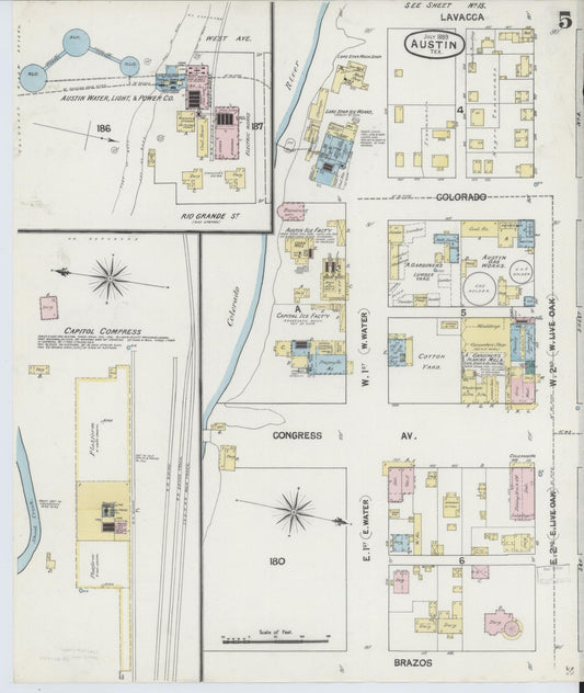 Sanborn Fire Insurance Map from Austin, Travis County, Texas (1889), Sheet #0005 - Historic Sanborn Fire Insurance Map Print, vintage old map wall art, antique decor, genealogy gift, Texas Texas map
