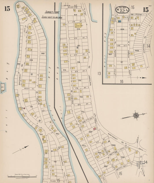 Sanborn Fire Insurance Map from Hull, Plymouth County, Massachusetts (1922), Sheet #0015 - Historic Sanborn Fire Insurance Map Print, vintage old map wall art, antique decor, genealogy gift, Massachusetts Massachusetts map