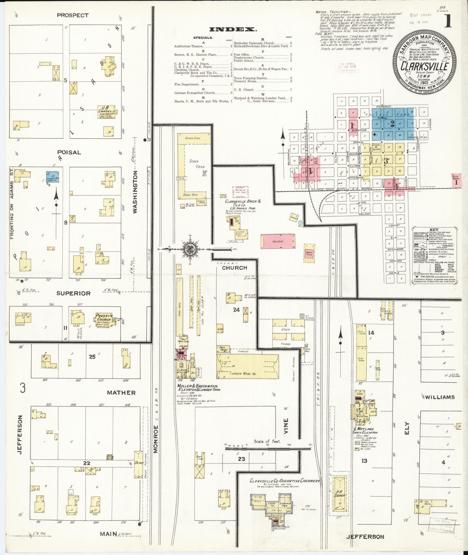 Sanborn Fire Insurance Map from Clarksville, Butler County, Iowa (1910), Sheet #0001 - Historic Sanborn Fire Insurance Map Print, vintage old map wall art