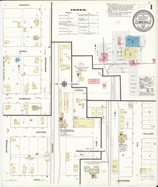 Sanborn Fire Insurance Map from Clarksville, Butler County, Iowa (1910), Sheet #0001 - Historic Sanborn Fire Insurance Map Print, vintage old map wall art