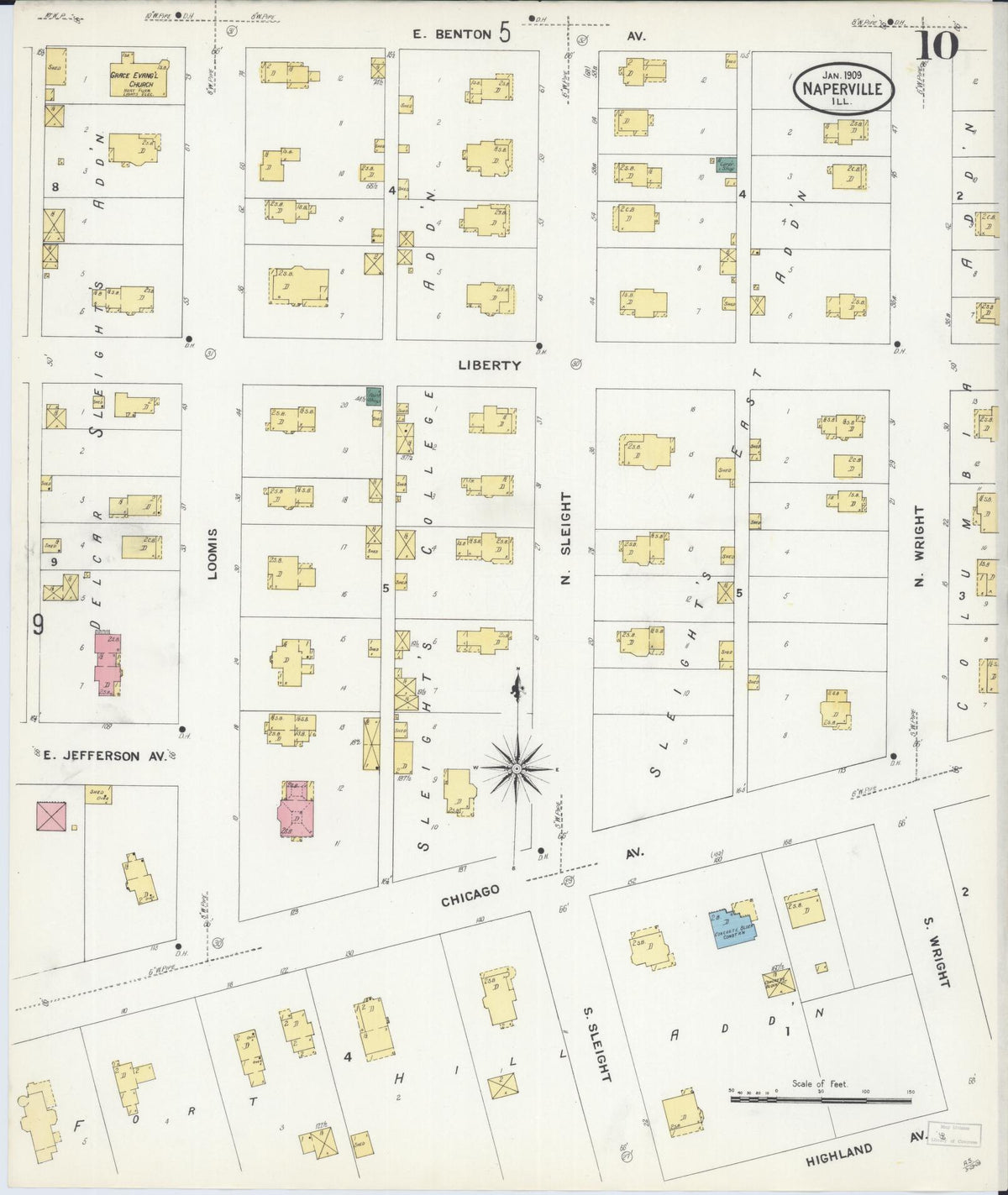 Sanborn Fire Insurance Map from Naperville, Du Page County, Illinois (1909), Sheet #0010 - Complete Map Set gallery image, historic Sanborn map, vintage wall art, Illinois Illinois