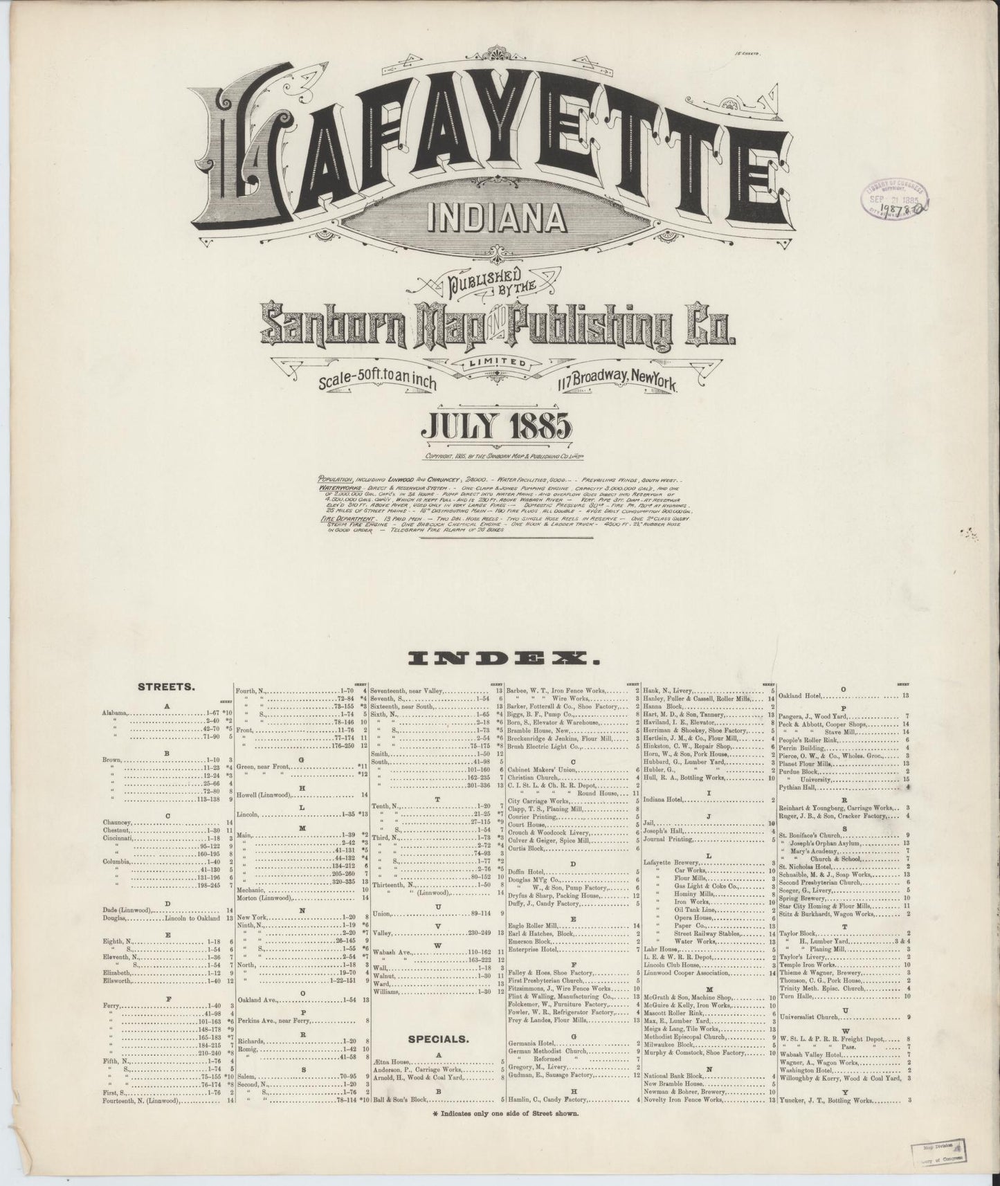 Sanborn Fire Insurance Map from Lafayette, Tippecanoe County, Indiana. (1885) – Historic Sanborn Fire Insurance Map Print