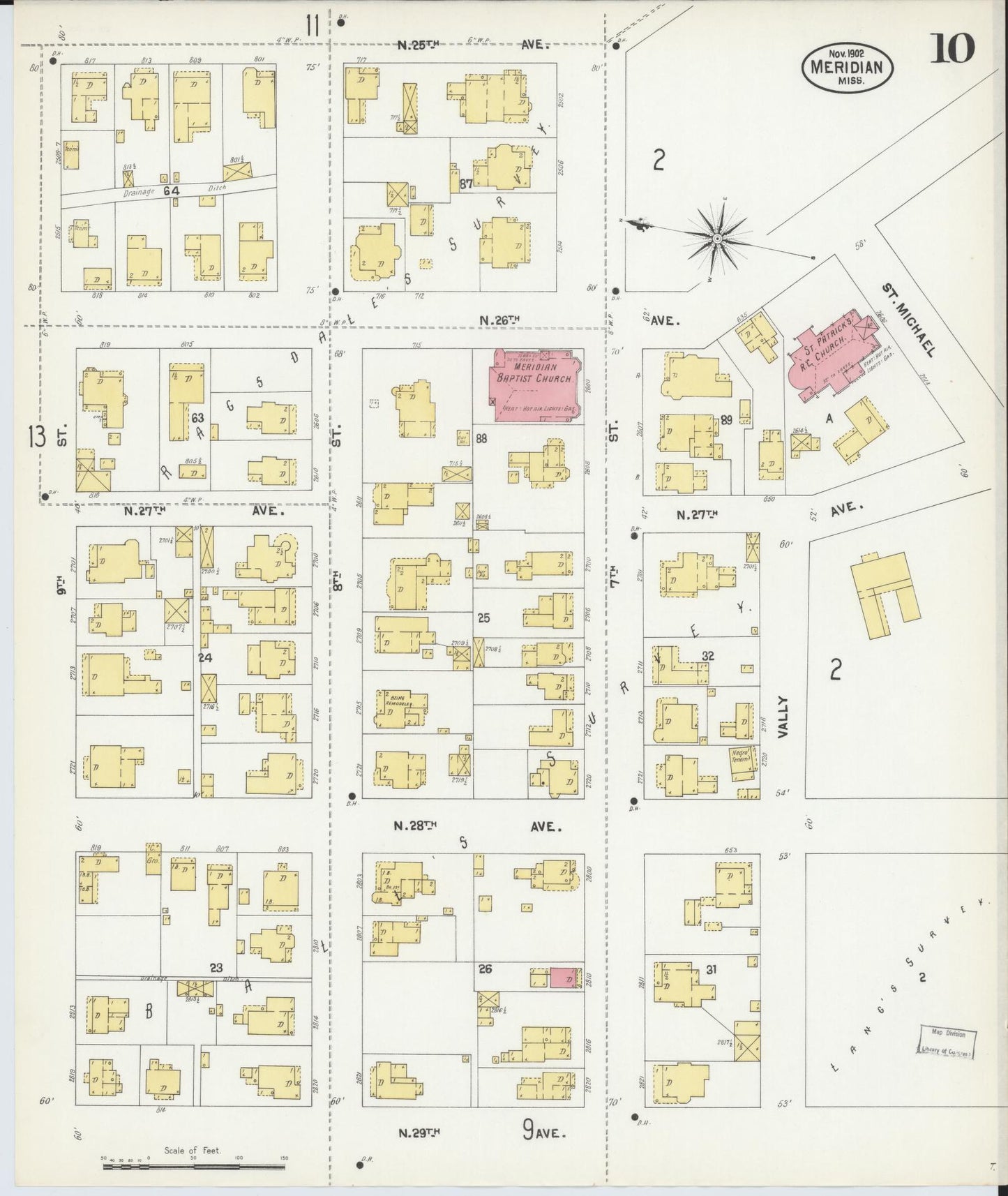 Sanborn Fire Insurance Map from Meridian, Lauderdale County, Mississippi (1902), Sheet #0010 - Complete Map Set gallery image, historic Sanborn map, vintage wall art, Mississippi Mississippi