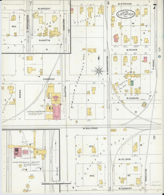 Sanborn Fire Insurance Map from Litchfield, Montgomery County, Illinois (1905), Sheet #0007 - Historic Sanborn Fire Insurance Map Print, vintage old map wall art, antique decor, genealogy gift, Illinois Illinois map